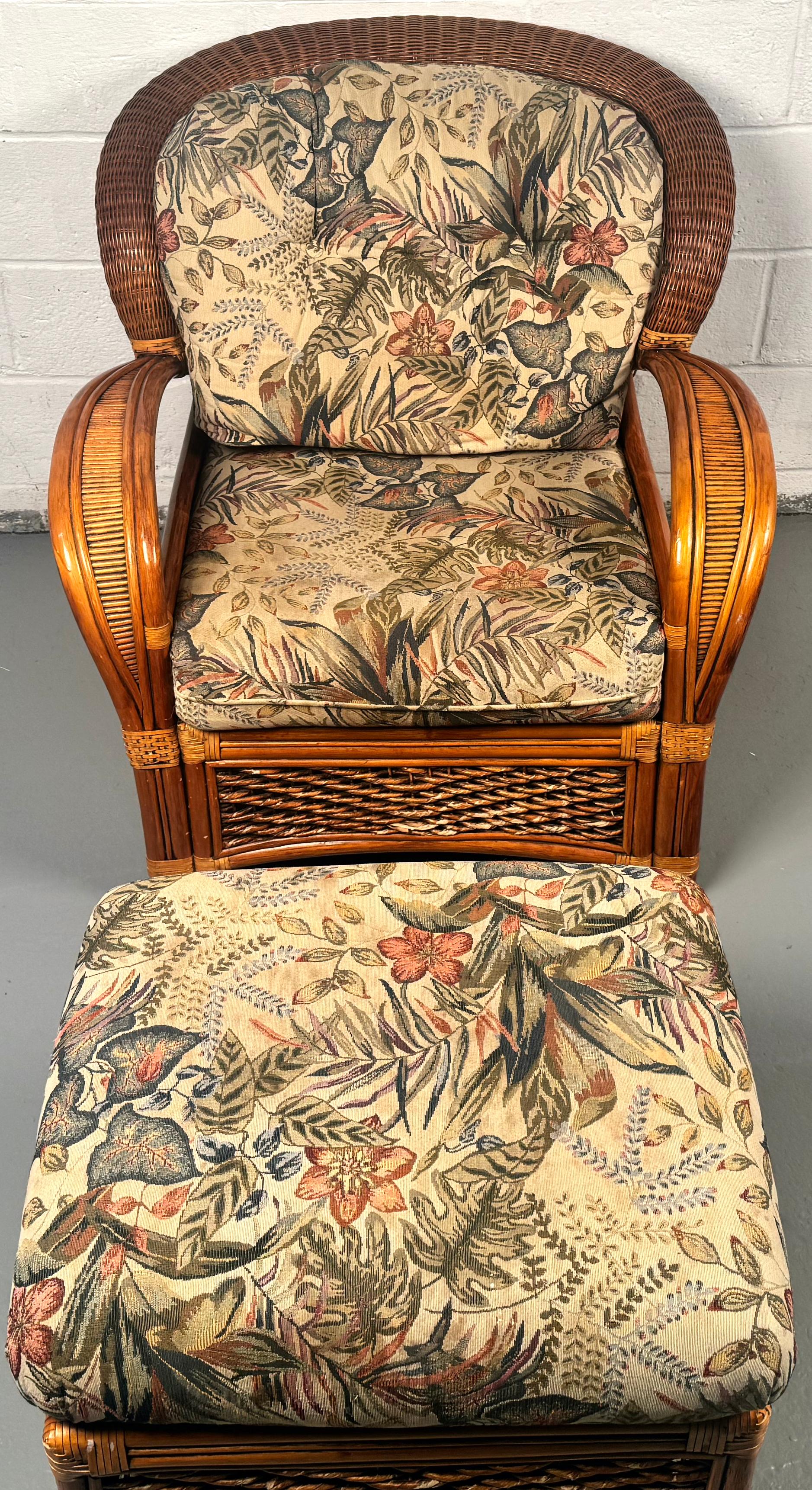 20th Century Vintage Rattan Lounge Chair and Ottoman by Palm Springs Rattan For Sale