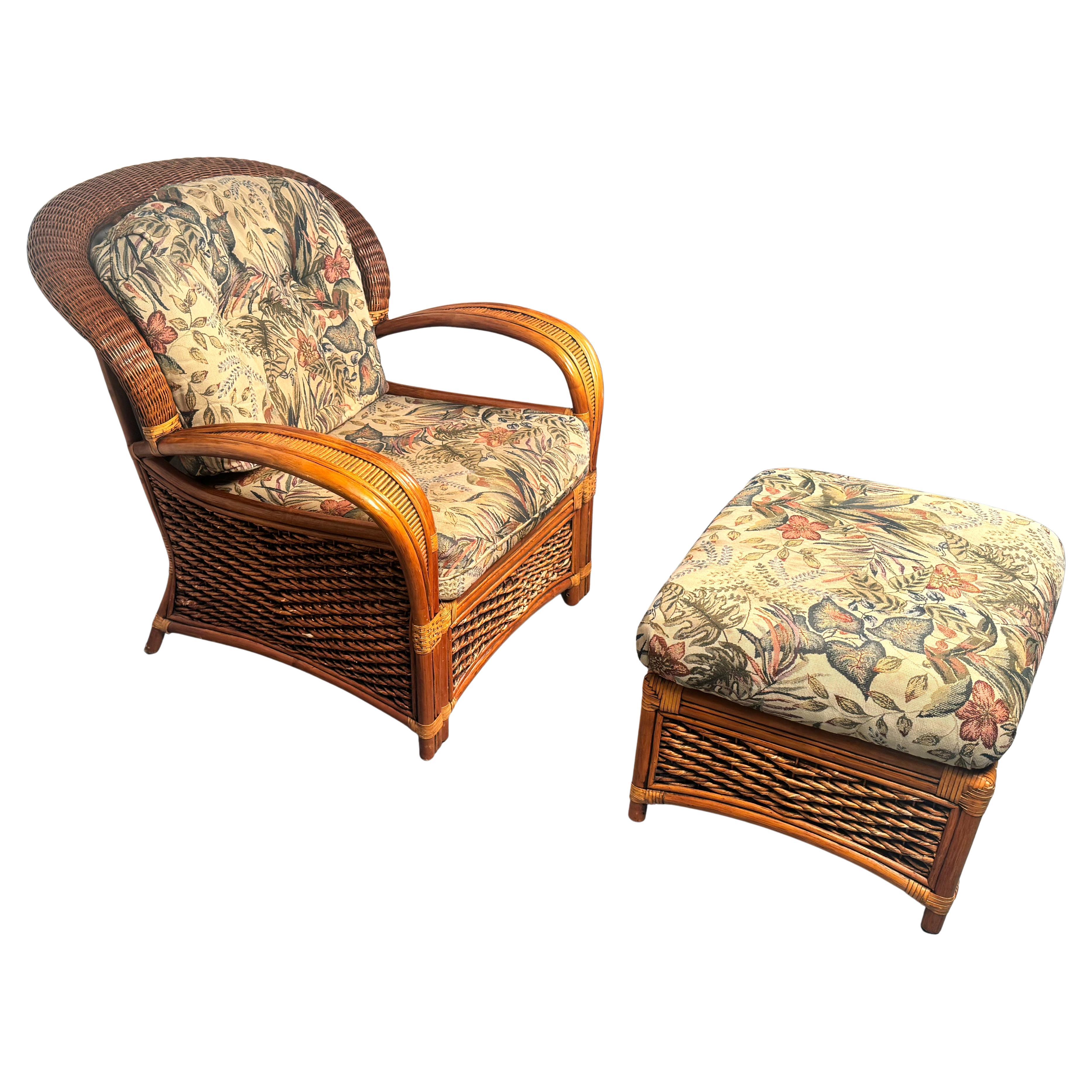 Vintage Rattan Sessel und Ottomane von Palm Springs Rattan