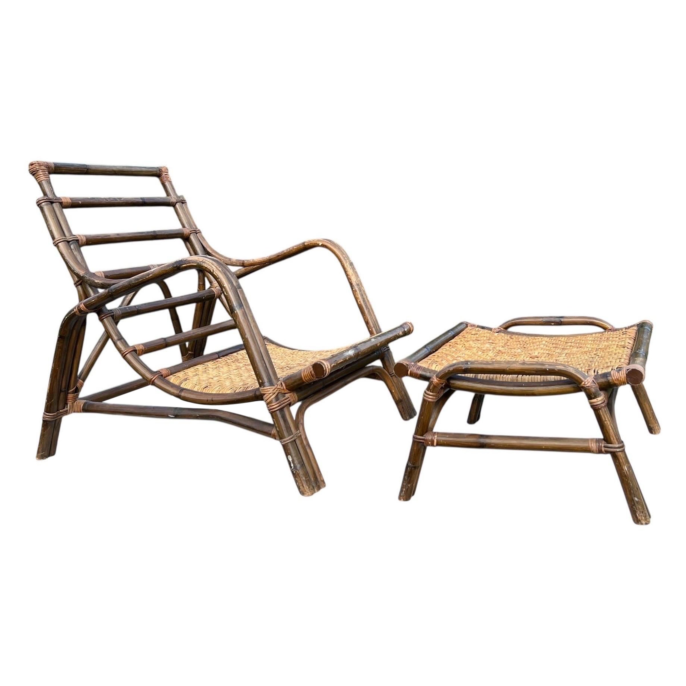 Vintage Rattan Lounge Stuhl und Ottomane im Angebot