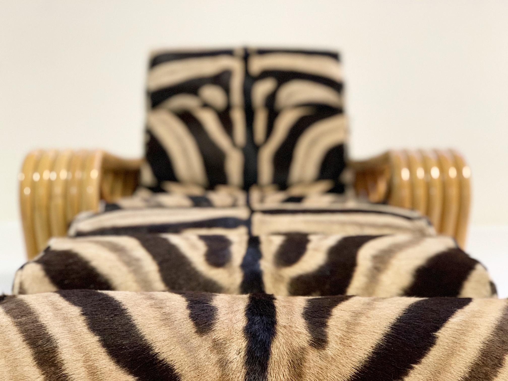 Modern Vintage Rattan Lounge Chair and Ottoman in Zebra Hide
