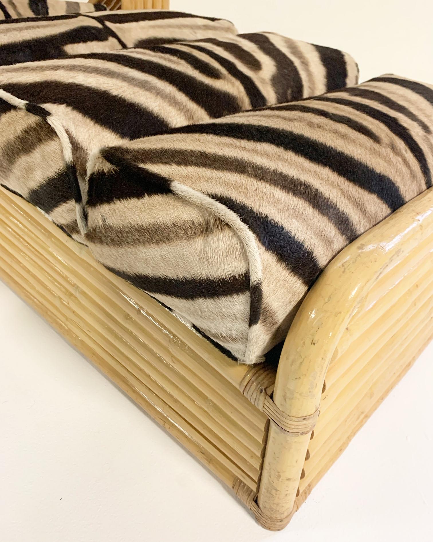 North American Vintage Rattan Lounge Chair and Ottoman in Zebra Hide