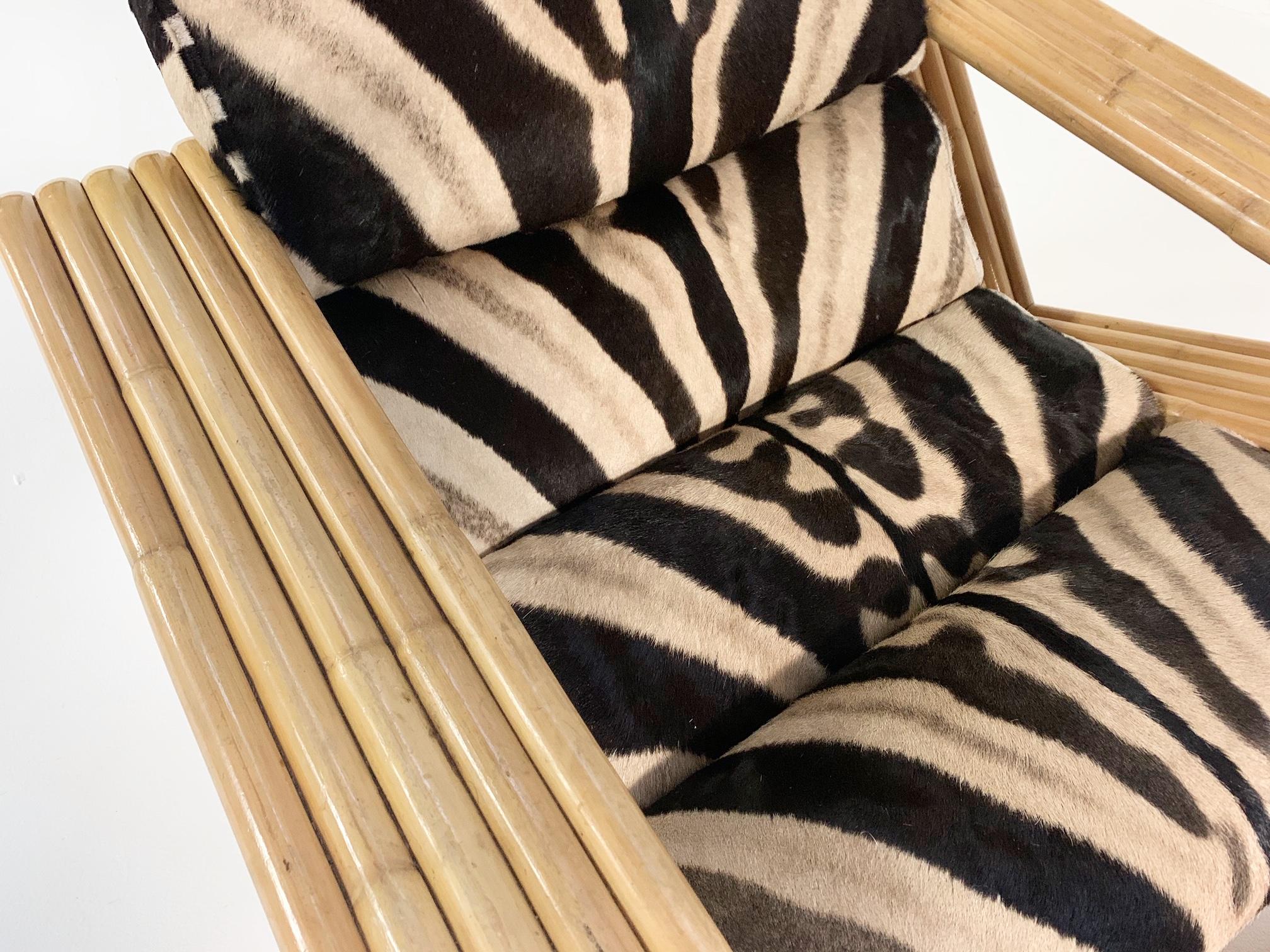 Vintage Rattan Lounge Chair and Ottoman in Zebra Hide In Good Condition In SAINT LOUIS, MO