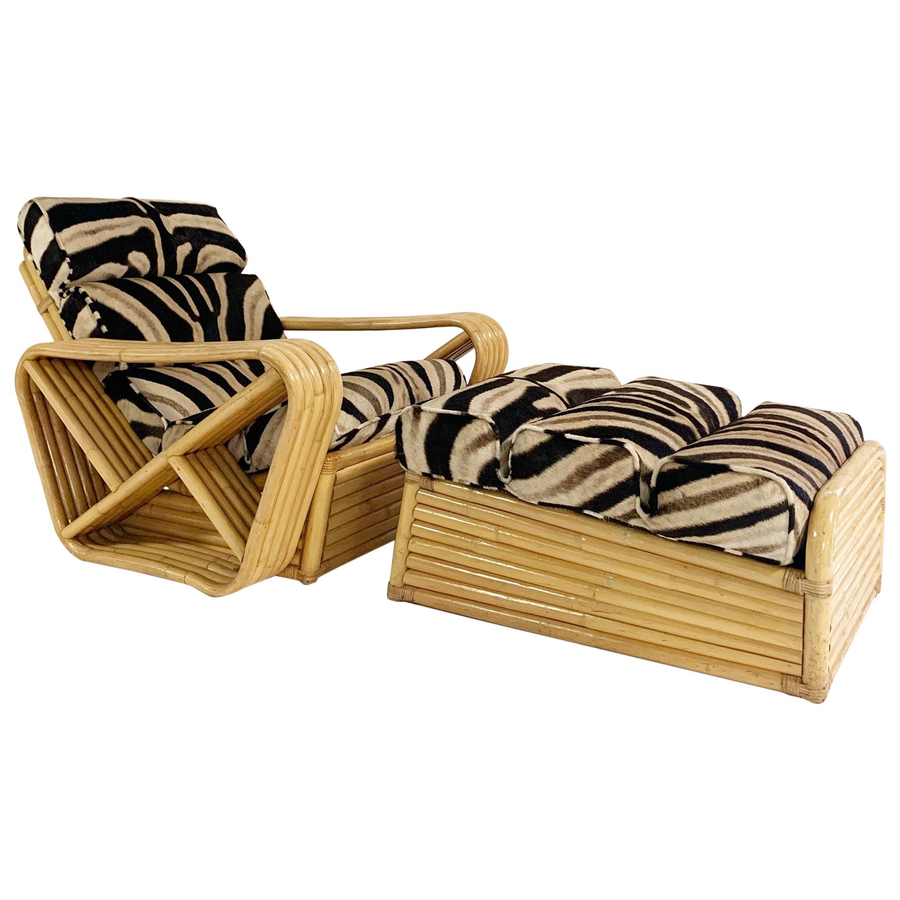 Vintage Rattan Lounge Chair and Ottoman in Zebra Hide