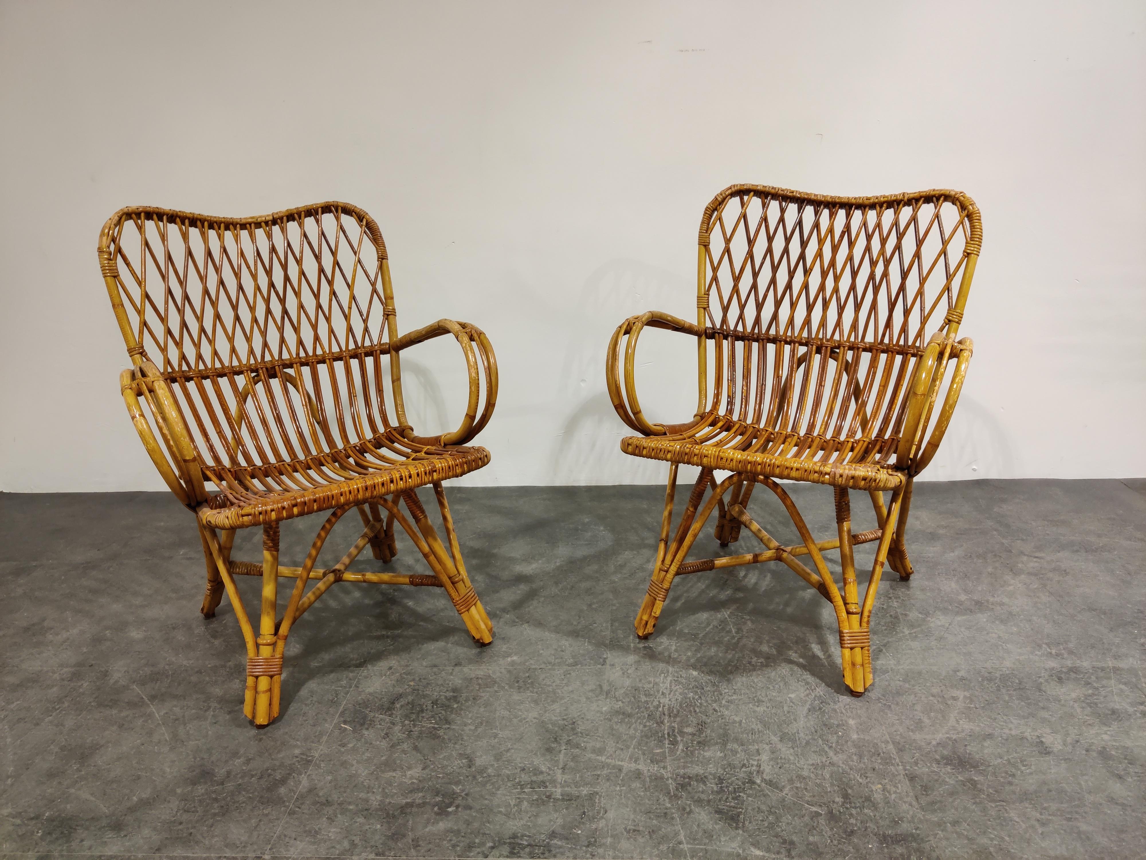 Elegant midcentury bamboo armchairs.

Timeless and decorative pieces.

Can be used both in-and outside.

Good condition.

1960s, Belgium

Measures: Height 84cm/33.07