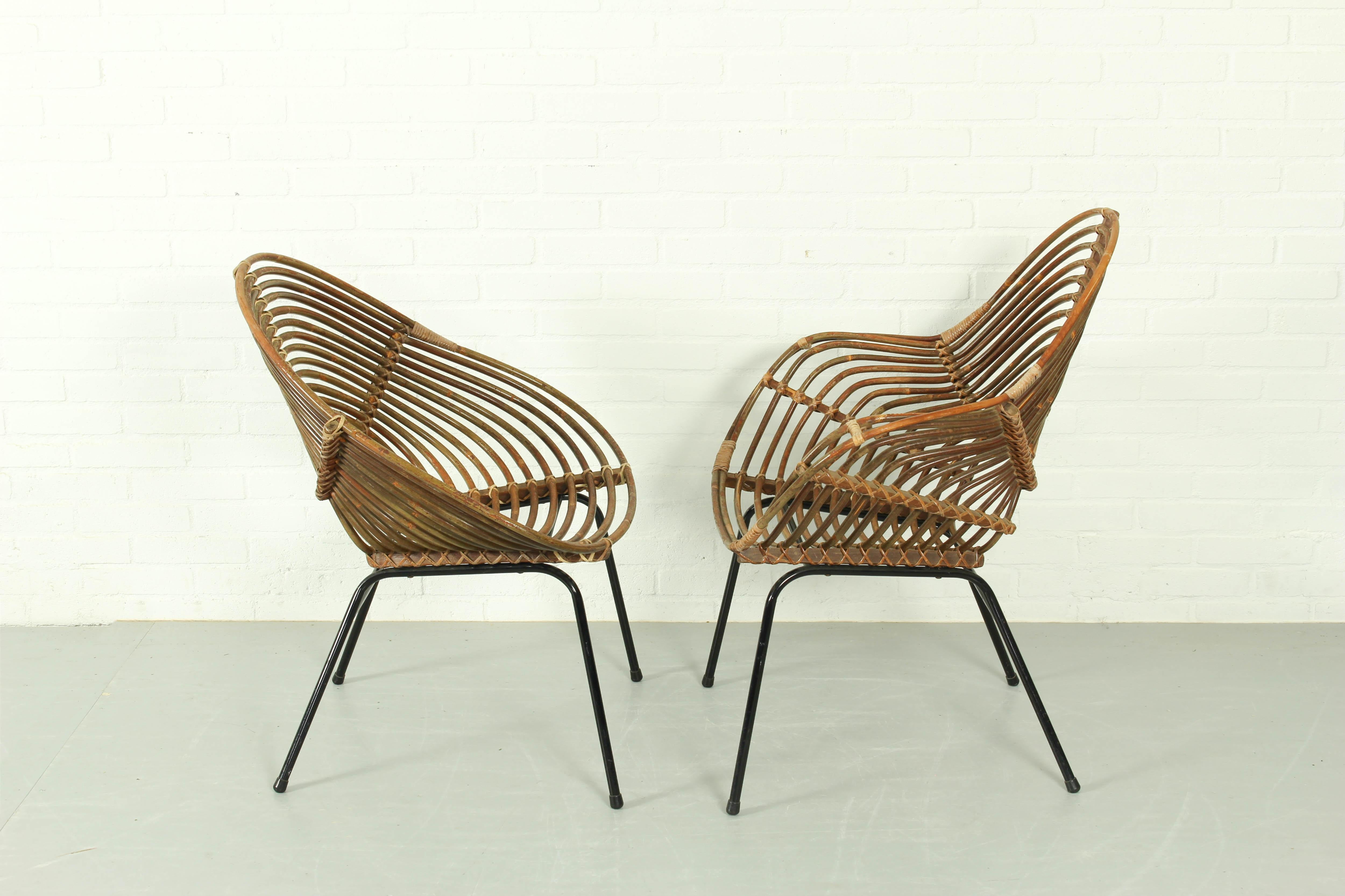 Mid-Century Modern Vintage Rattan Lounge Chairs H. Broekhuizen for Rohé Noordwolde, The Netherlands For Sale