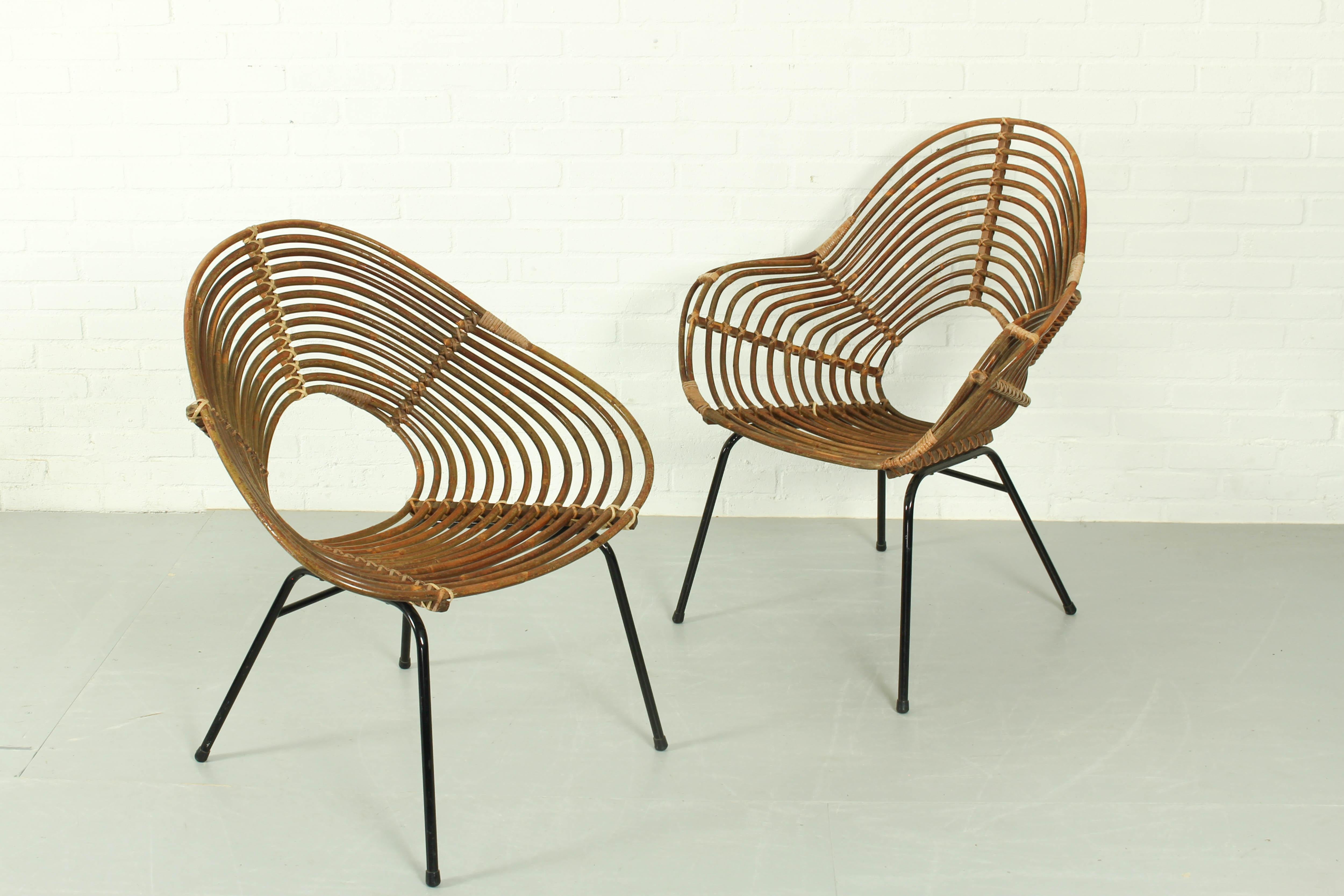 20th Century Vintage Rattan Lounge Chairs H. Broekhuizen for Rohé Noordwolde, The Netherlands For Sale