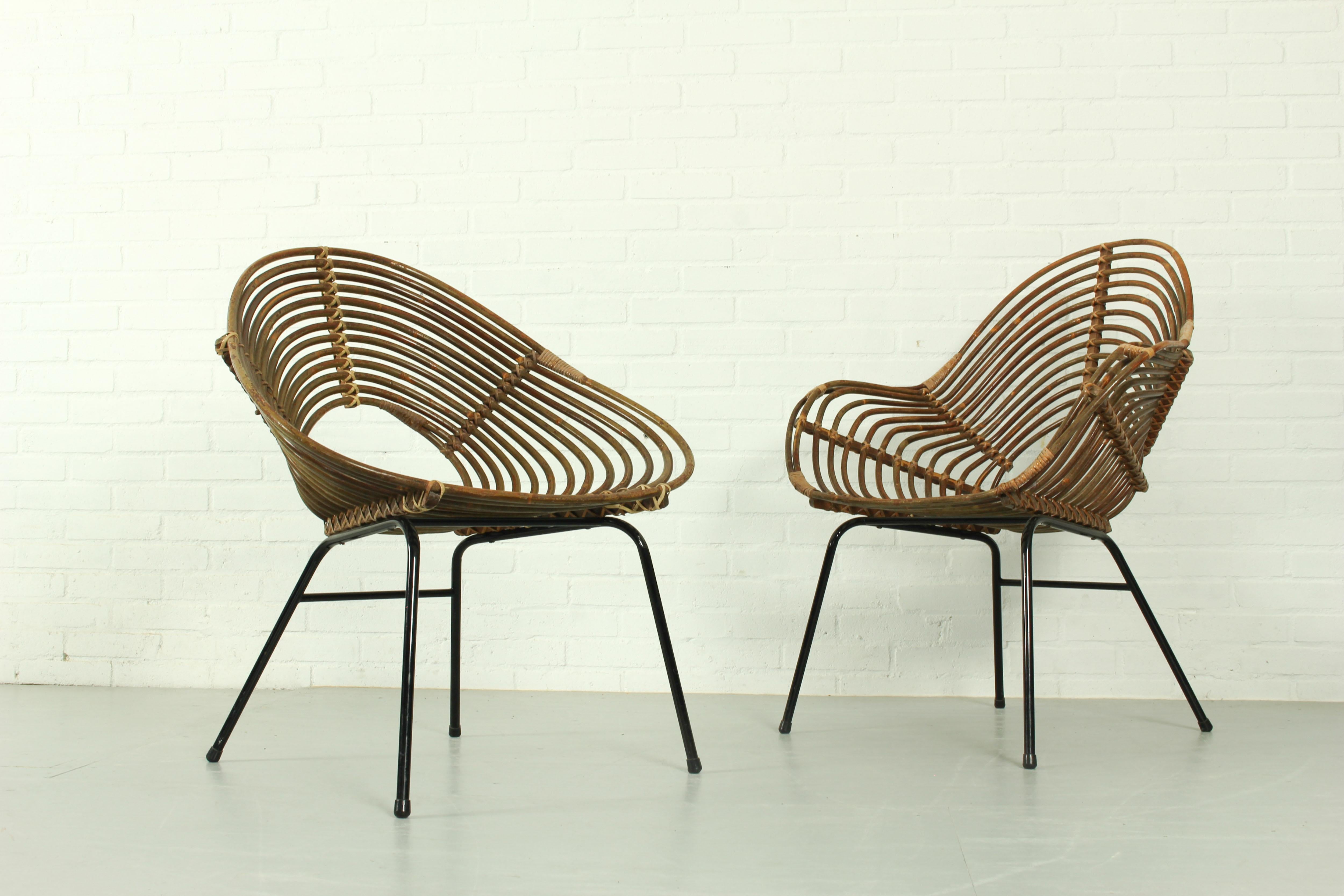 Metal Vintage Rattan Lounge Chairs H. Broekhuizen for Rohé Noordwolde, The Netherlands For Sale