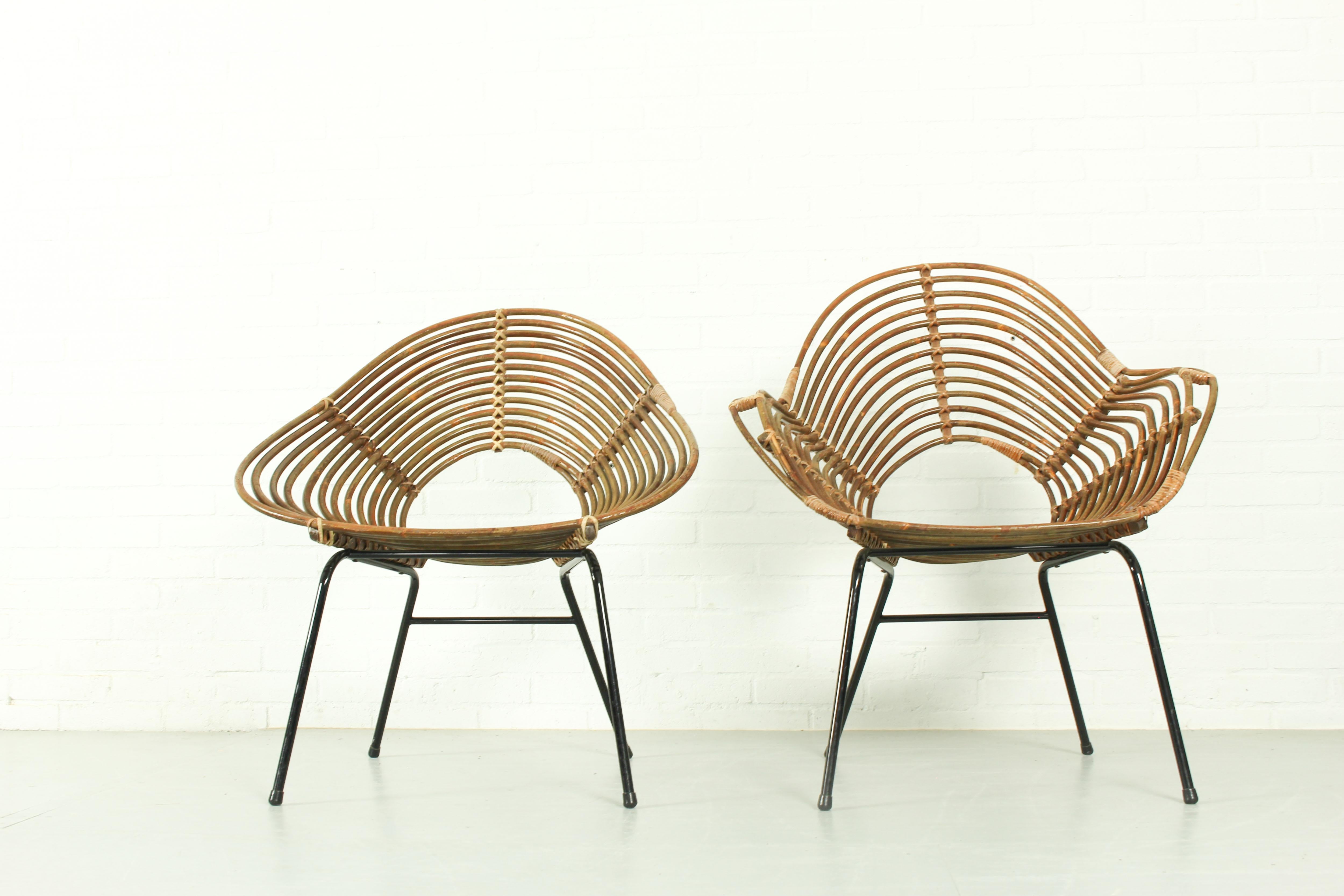 Vintage Rattan Lounge Chairs H. Broekhuizen for Rohé Noordwolde, The Netherlands For Sale 1