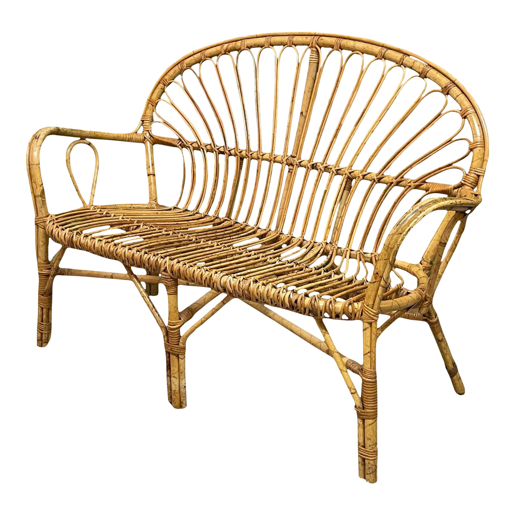 Vintage Rattan Loveseat or Bench, 5 Available For Sale