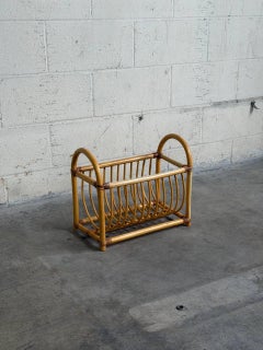 Vintage Rattan Magazine Rack Newspaper Holder Boho Wicker Mid Century Stand