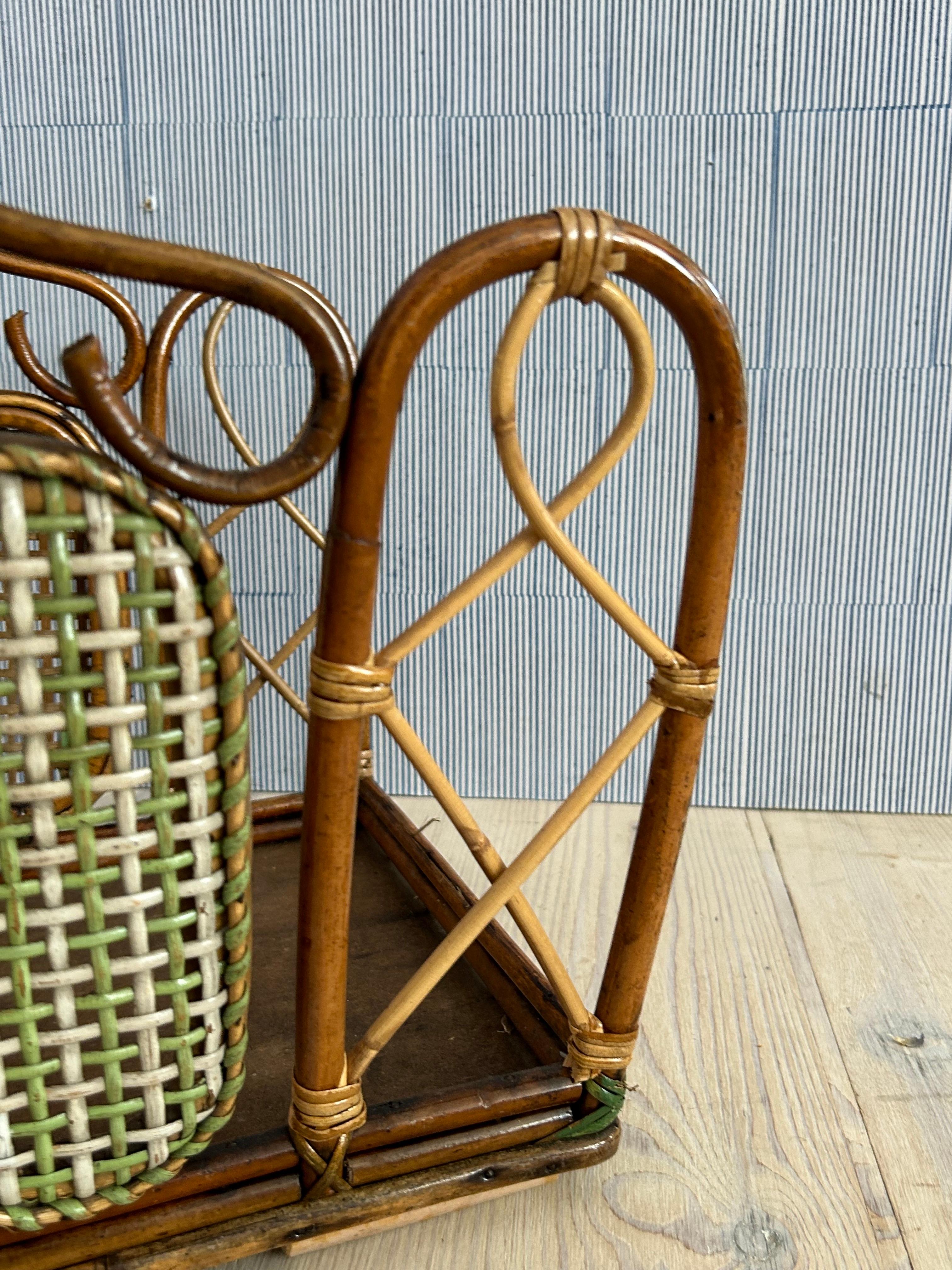 Vintage Rattan Magazine Rack with Green Woven Details, France, Late ...