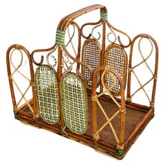 Vintage Rattan Magazine Rack with Green Woven Details, France, Late 19th Century