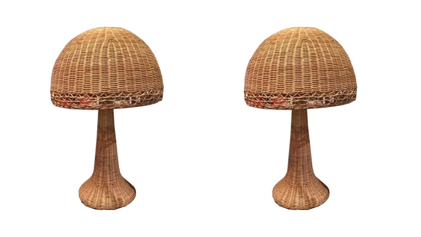 Scandinave moderne Lampe de table vintage en rotin avec champignon en vente