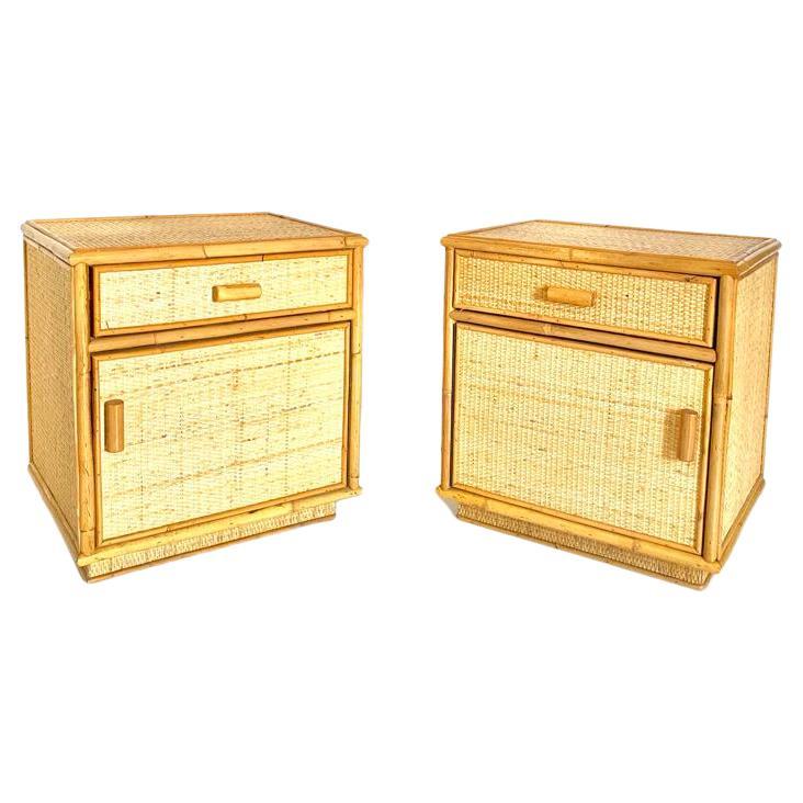 Pair of vintage rattan and bamboo nightstands manufactured in Italy in the 1970s. Cosy design and ideal for kids bedroom or ethnic style homedecor touch. 

Signs of time and some wear on the structure. In good conditions. 

Please visit our profile