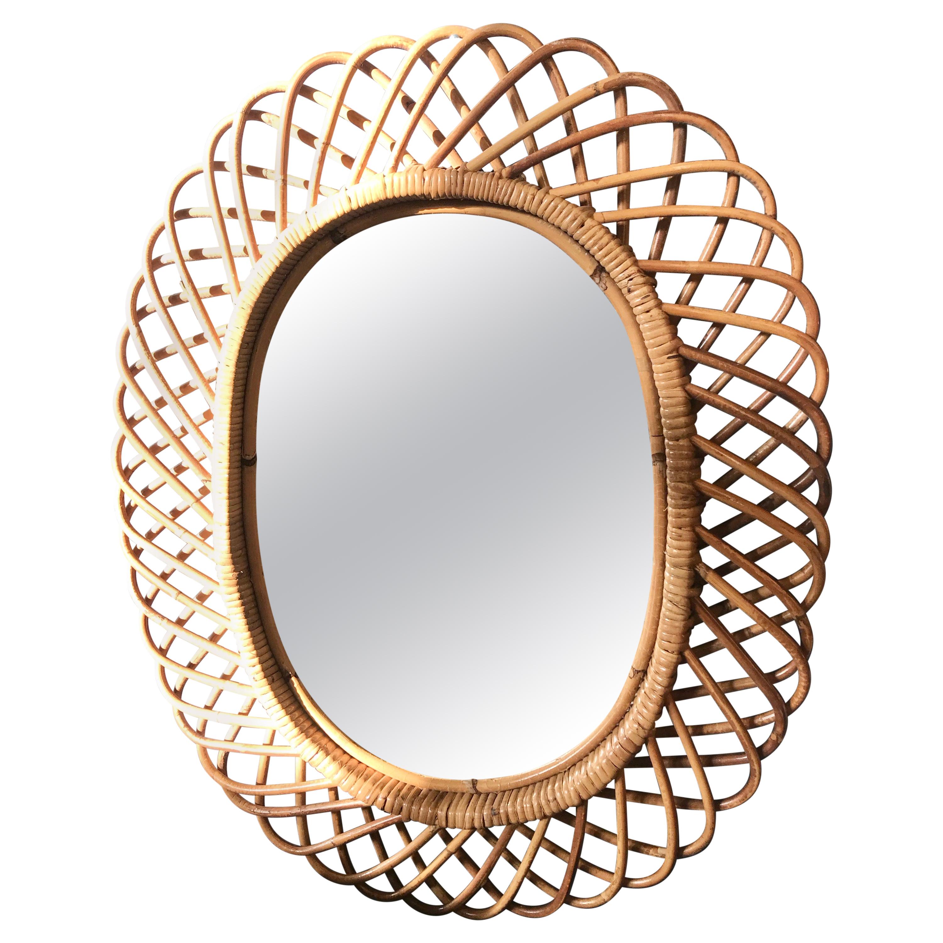 Vintage Rattan Oval Wall Mirror, Italy, circa 1960s