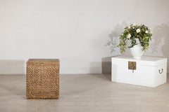 Vintage Rattan Over Wood Storage Basket with Removable Lid and Side Handles