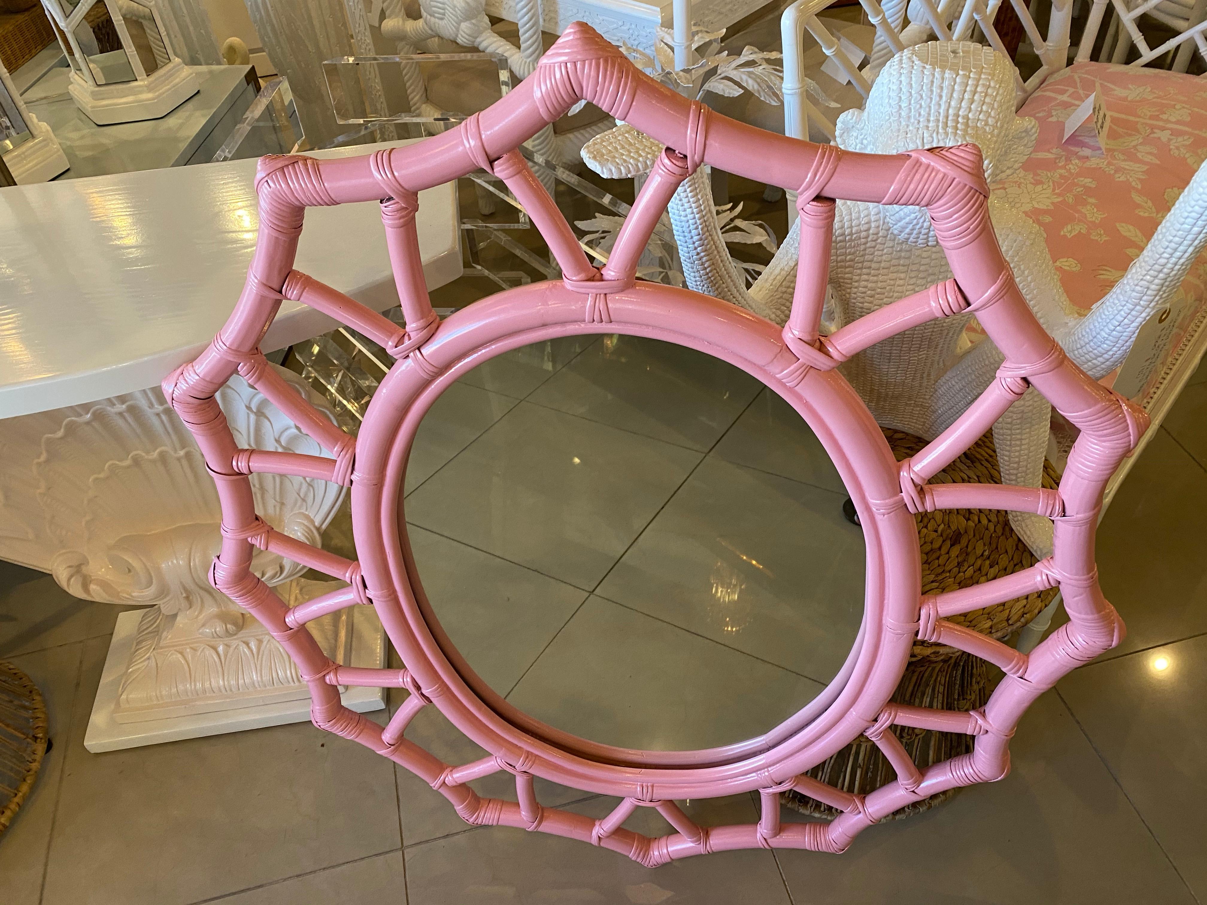 Vintage Rattan Palm Beach Coral Lacquered Wall Mirror In Good Condition In West Palm Beach, FL