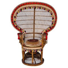 Vintage Rattan Peacock Armchair with Fringes and Velvet Pillow