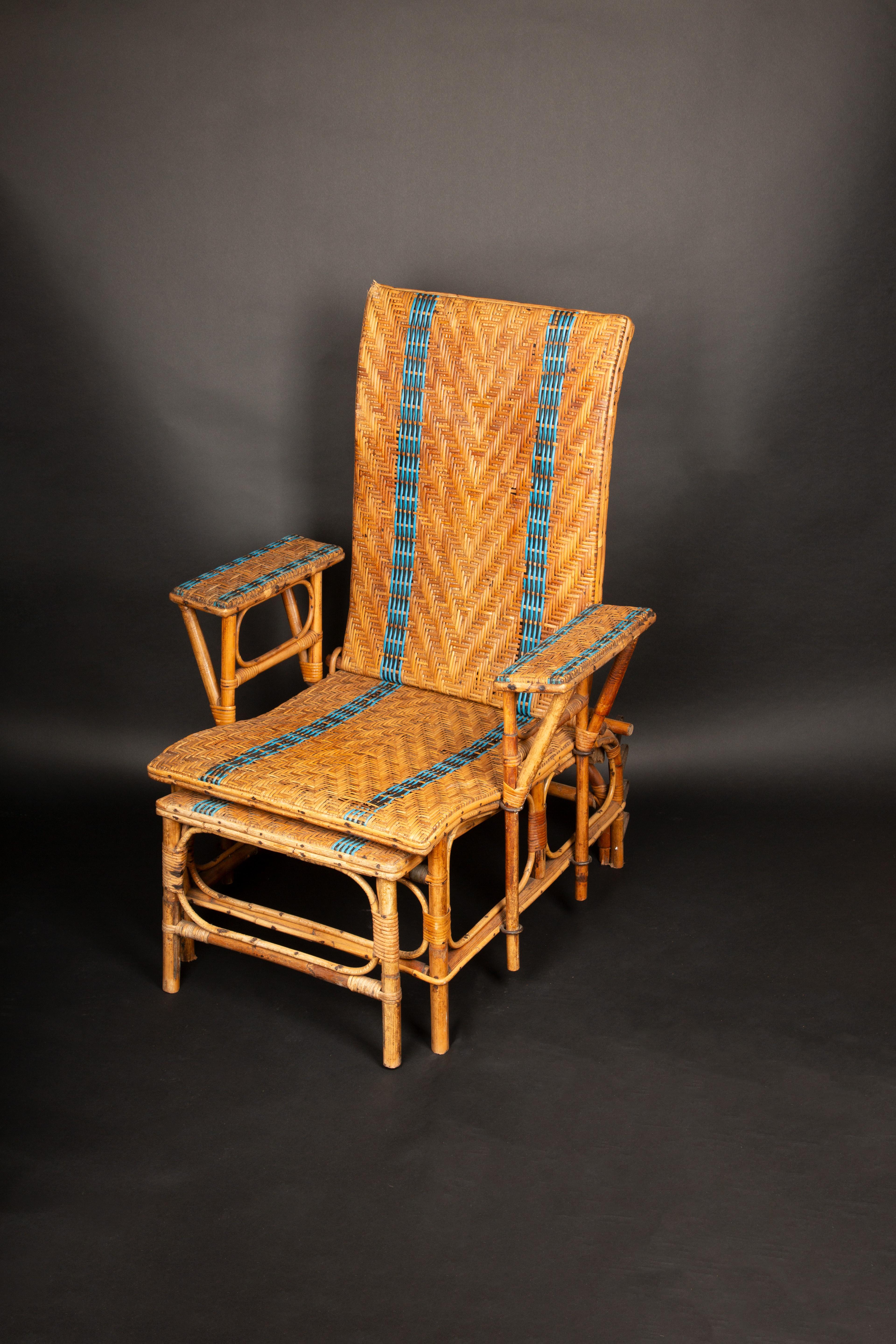 Vintage Rattan Reclining Chaise with Pull-Out Leg Rest and Blue Accents 4