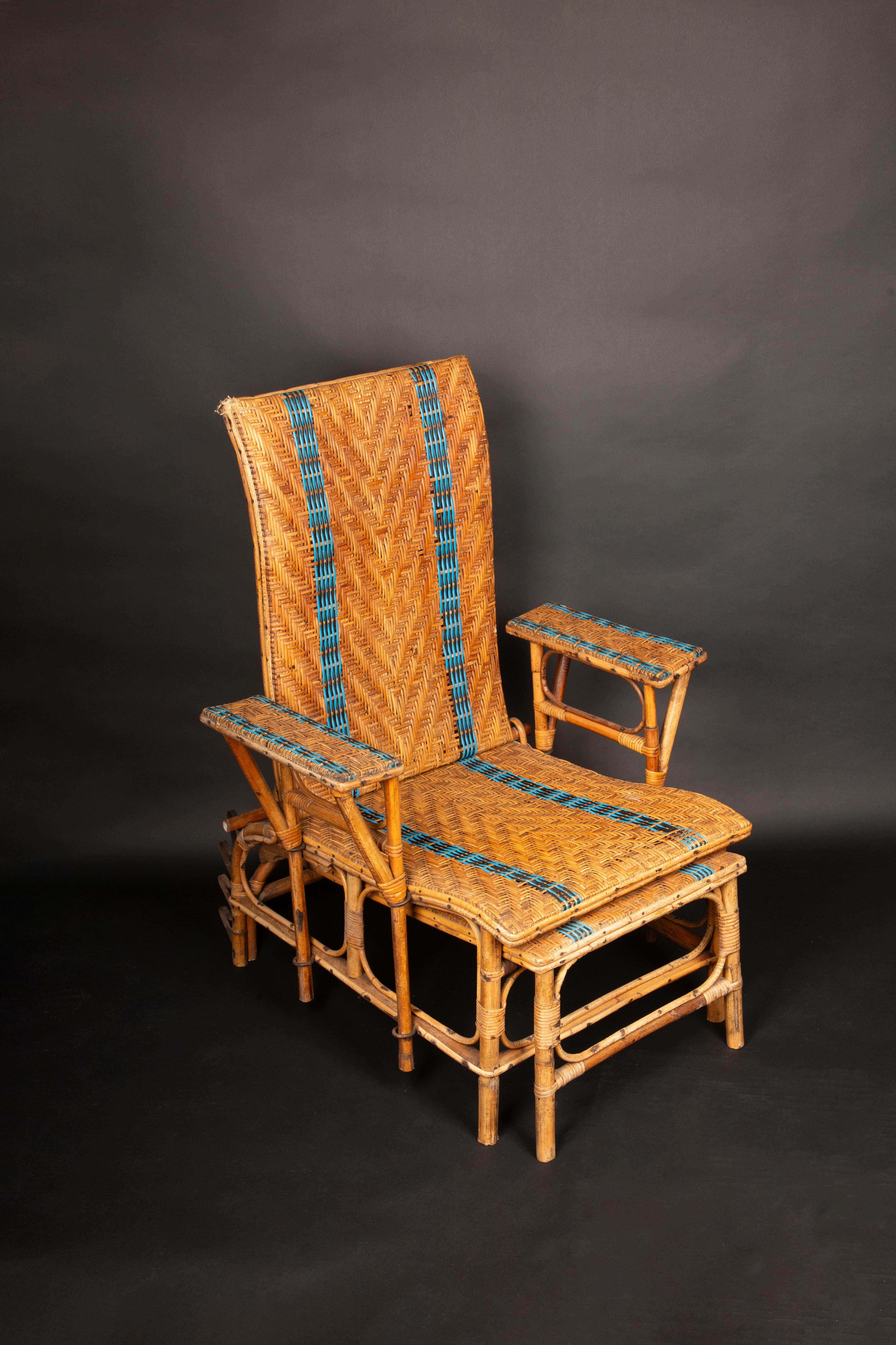 Vintage Rattan Reclining Chaise with Pull-Out Leg Rest and Blue Accents 5