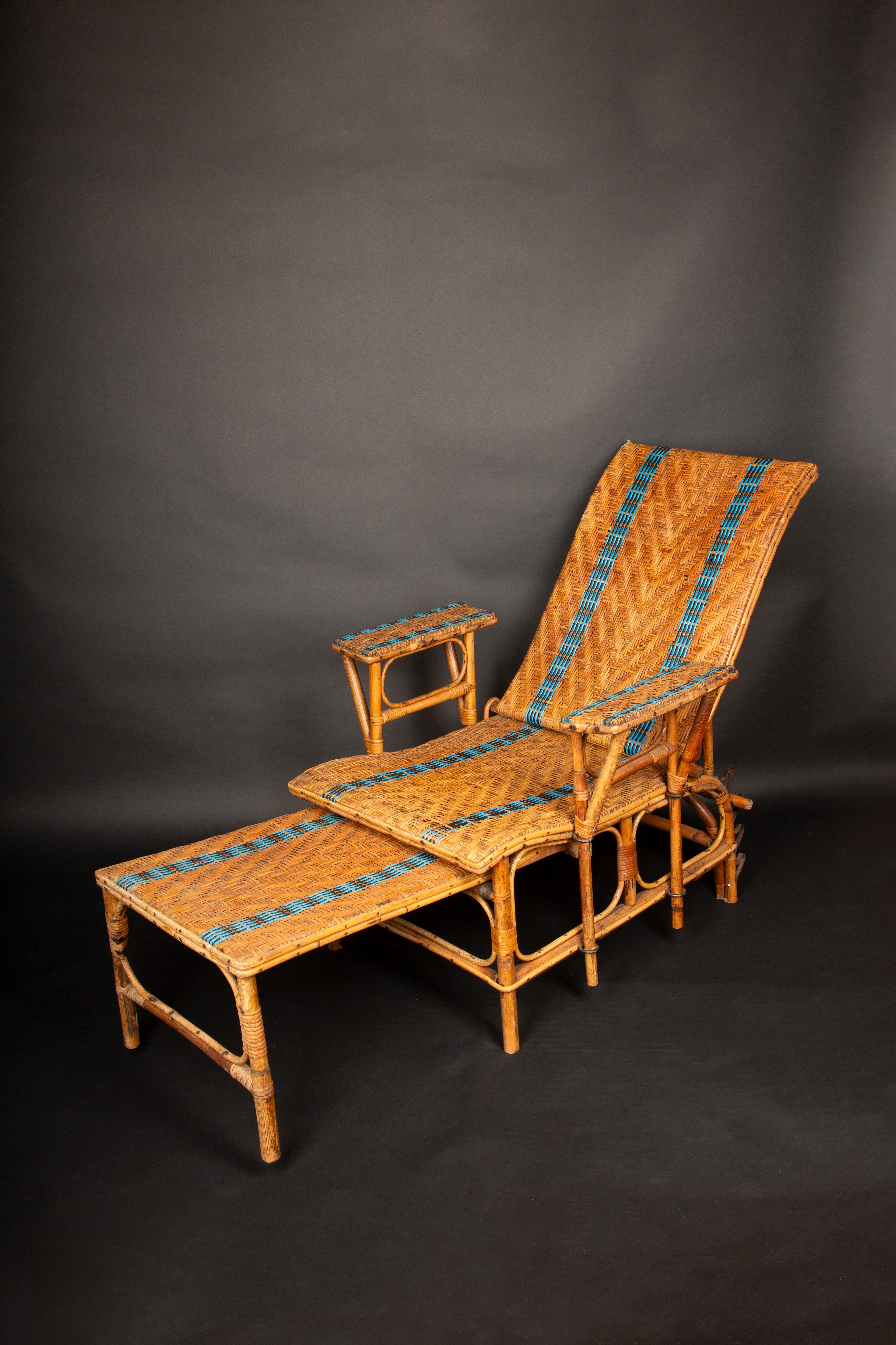 Mid-Century Modern Vintage Rattan Reclining Chaise with Pull-Out Leg Rest and Blue Accents