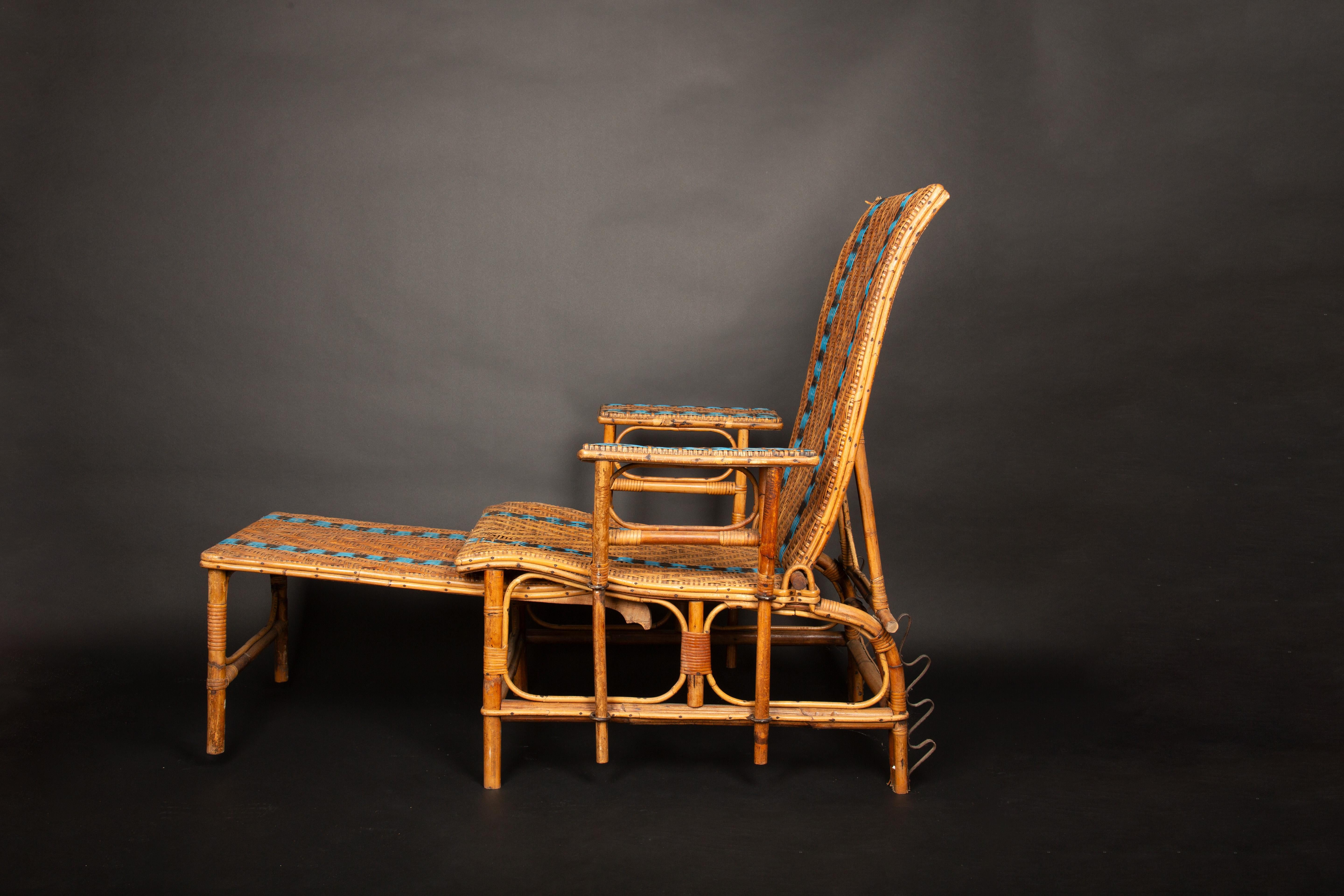 French Vintage Rattan Reclining Chaise with Pull-Out Leg Rest and Blue Accents