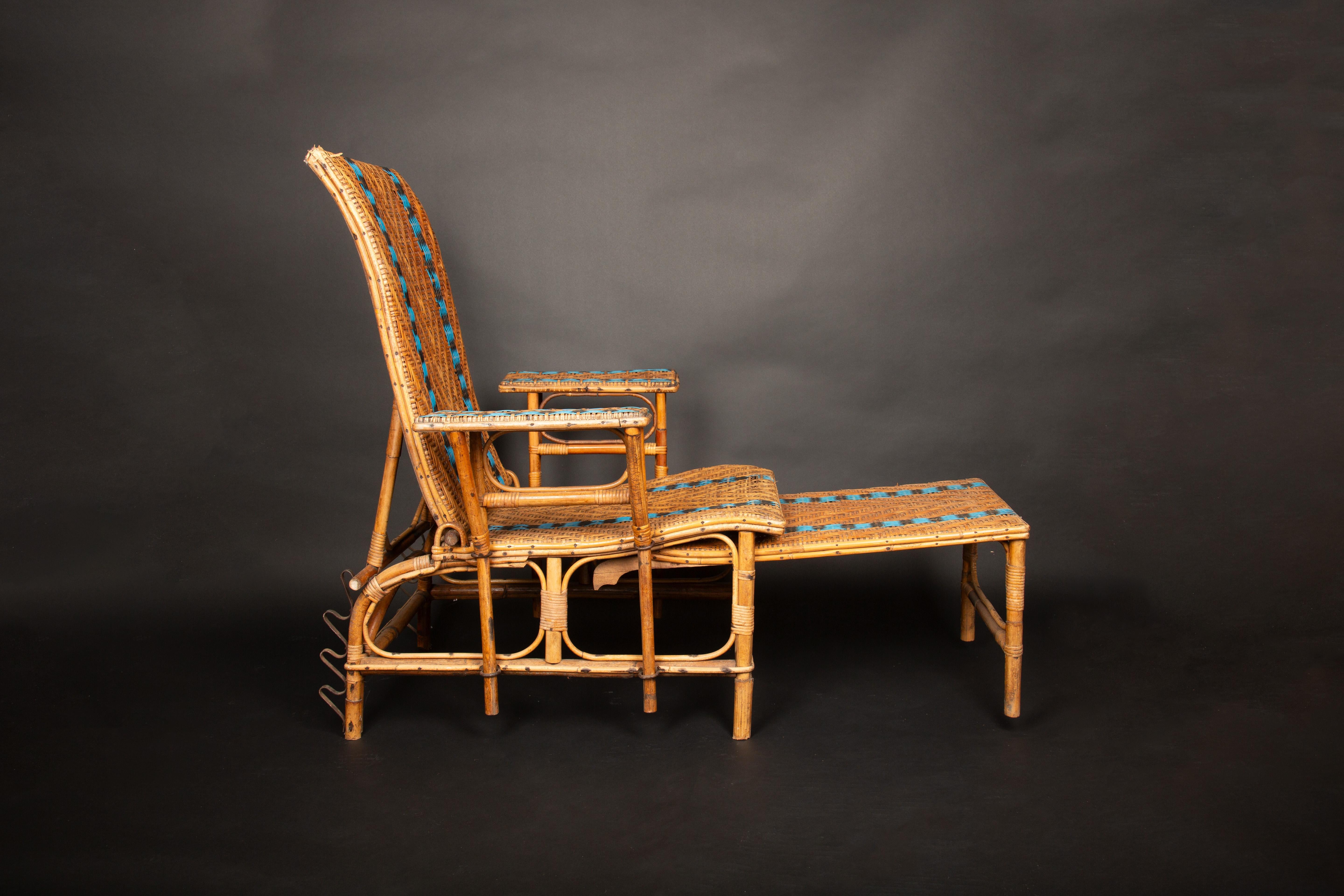 20th Century Vintage Rattan Reclining Chaise with Pull-Out Leg Rest and Blue Accents