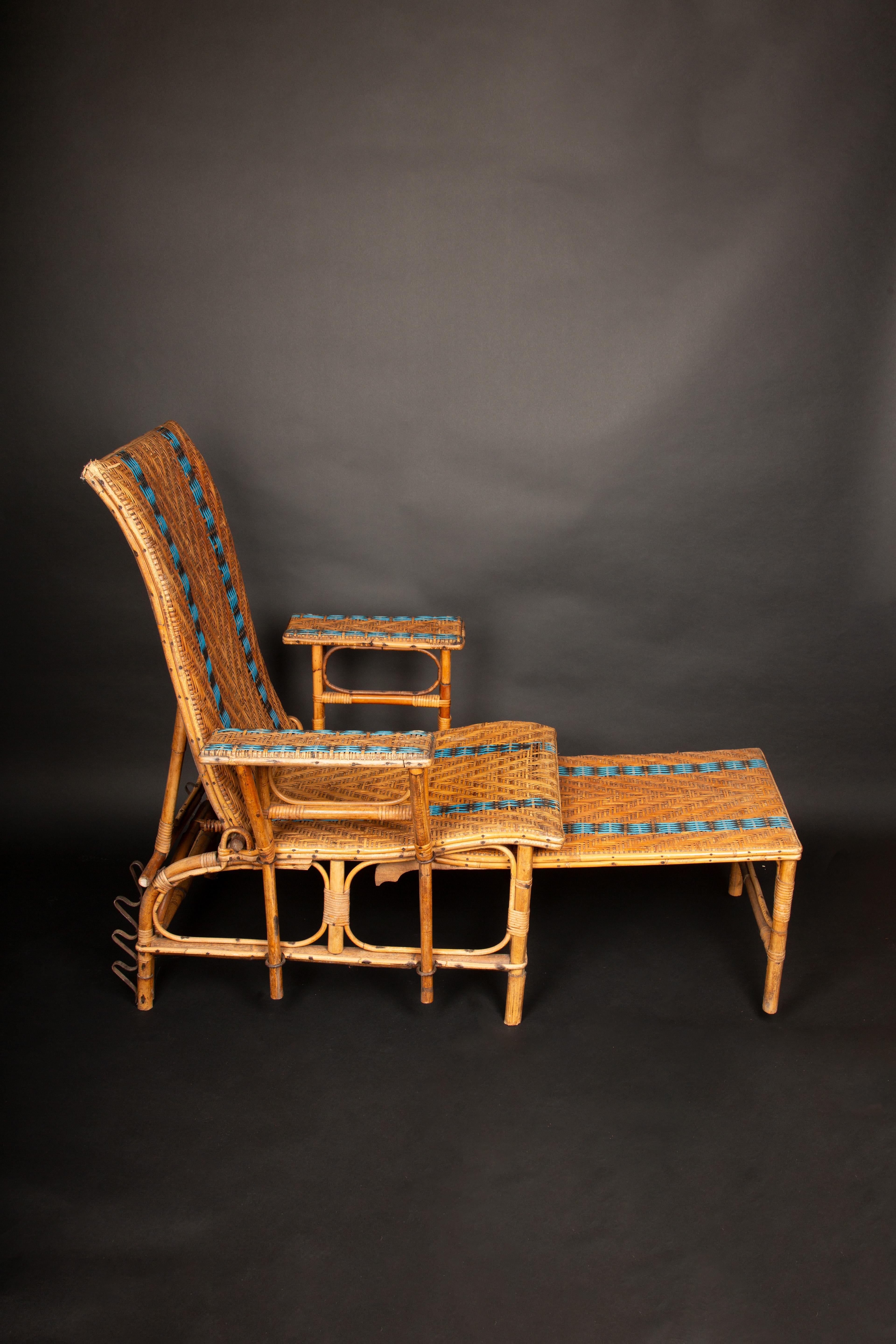 Vintage Rattan Reclining Chaise with Pull-Out Leg Rest and Blue Accents 1