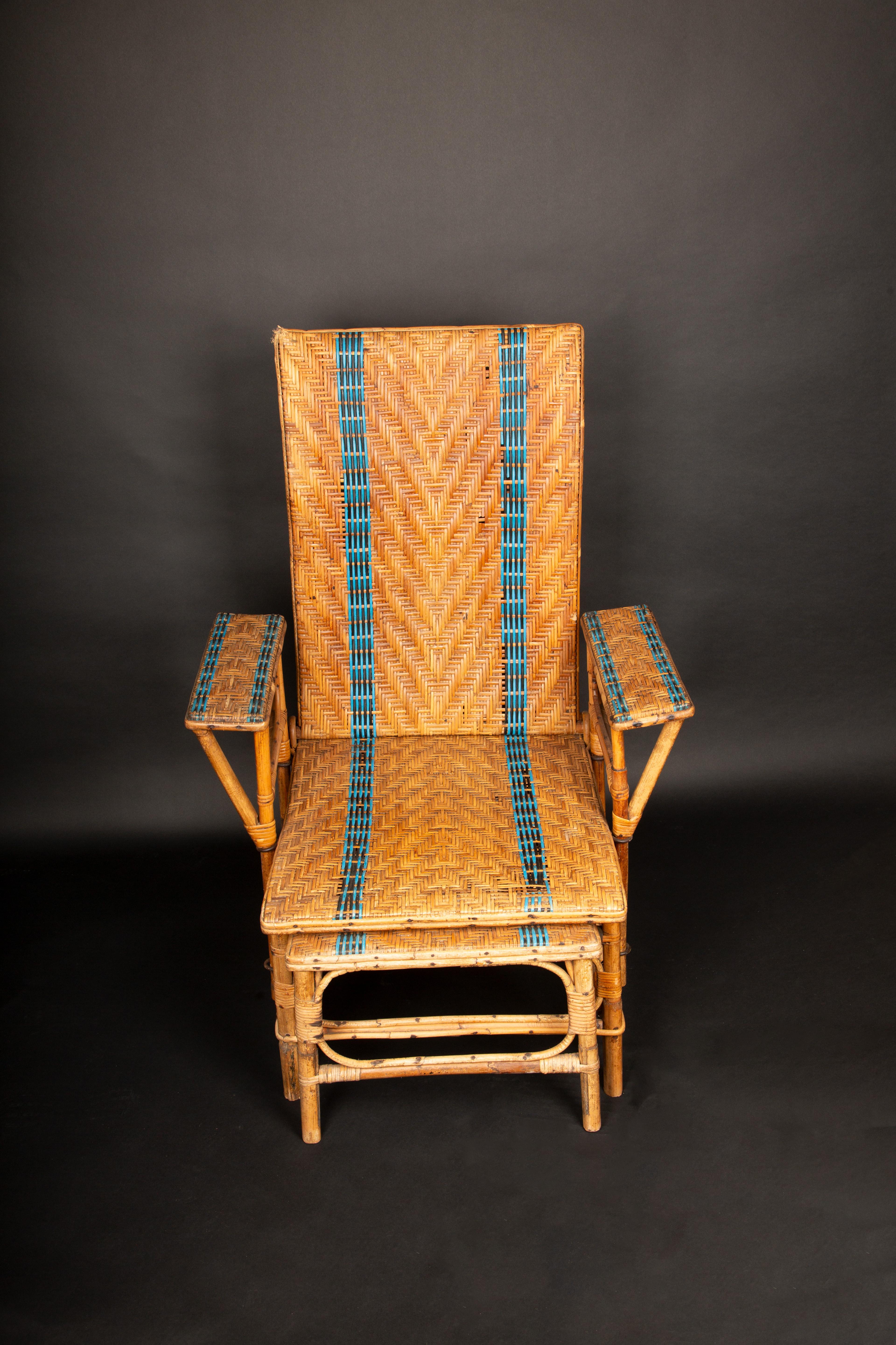 Vintage Rattan Reclining Chaise with Pull-Out Leg Rest and Blue Accents 2