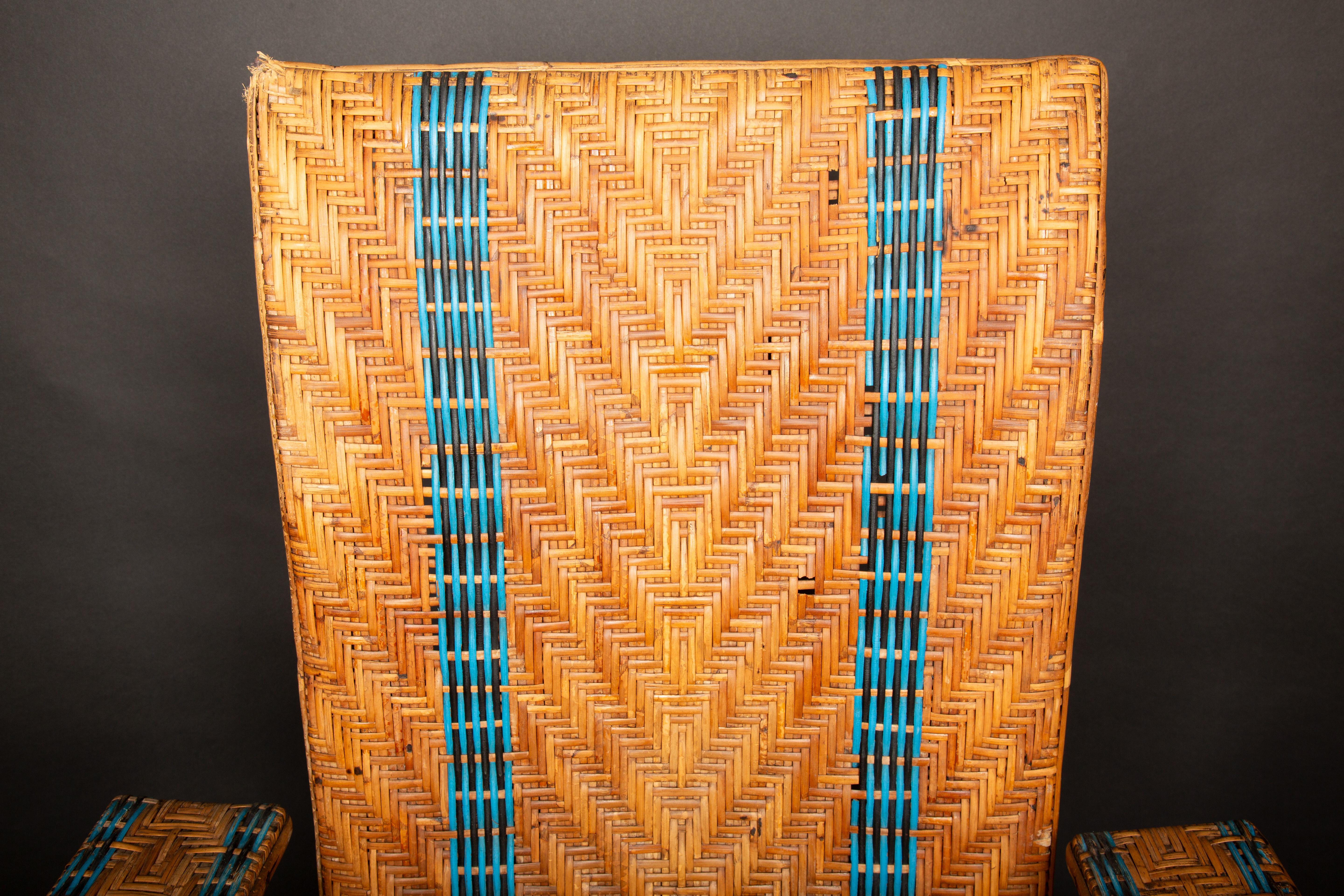 Vintage Rattan Reclining Chaise with Pull-Out Leg Rest and Blue Accents 3