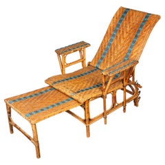Vintage Rattan Reclining Chaise with Pull-Out Leg Rest and Blue Accents