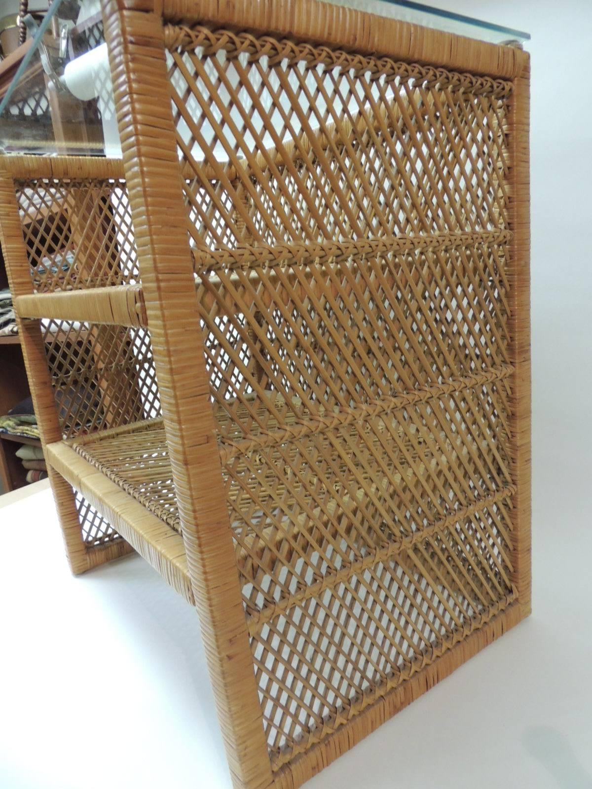 Mid-Century Modern Vintage Rattan Rectangular Side Table with Shelves and Glass Top