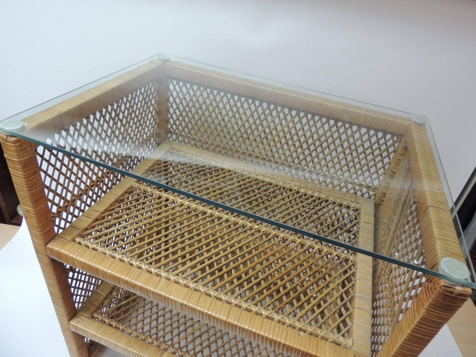 American Vintage Rattan Rectangular Side Table with Shelves and Glass Top