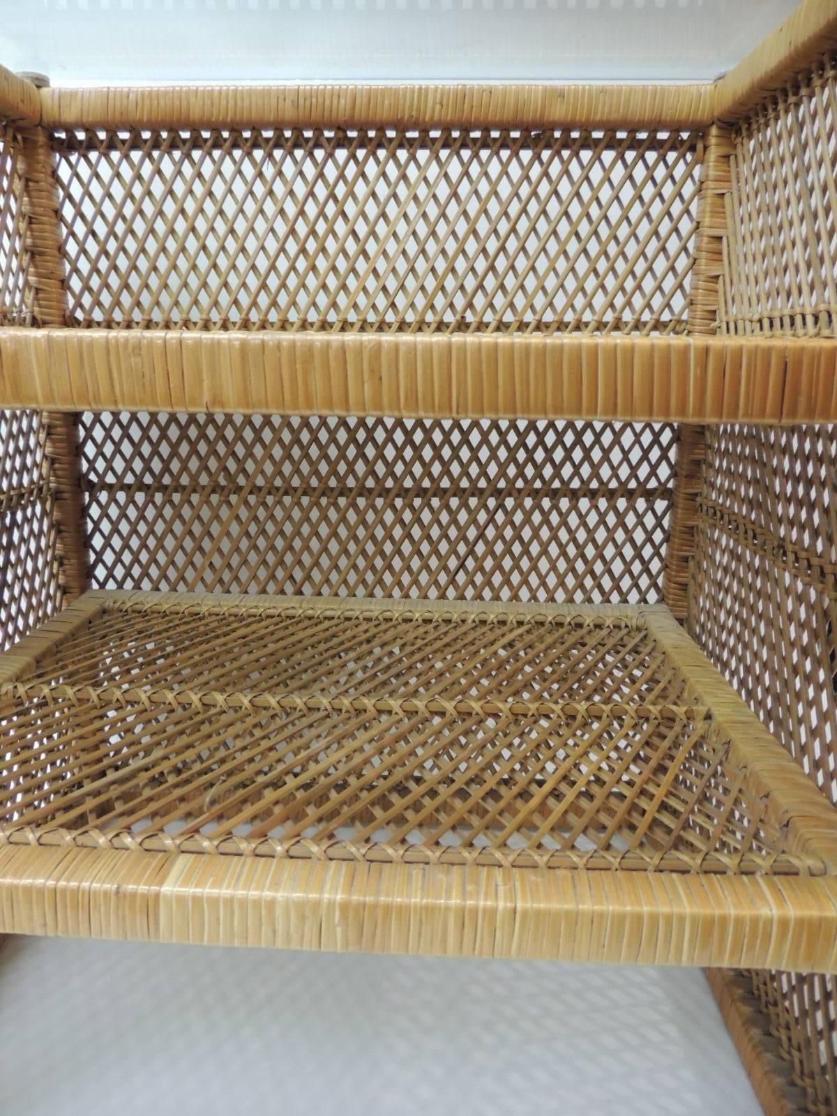 Hand-Crafted Vintage Rattan Rectangular Side Table with Shelves and Glass Top