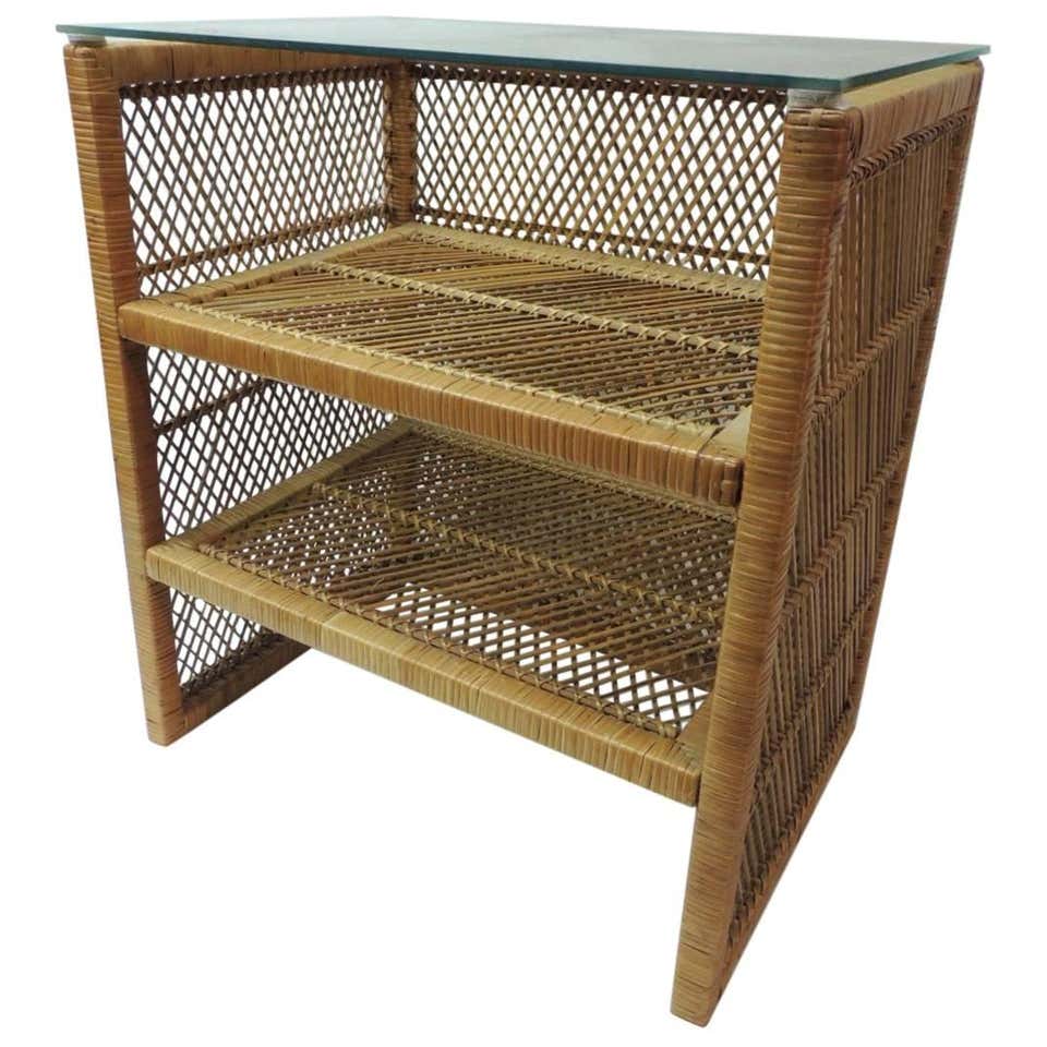 Vintage Rattan Rectangular Side Table with Shelves and Glass Top at ...