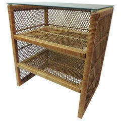 Vintage Rattan Rectangular Side Table with Shelves and Glass Top