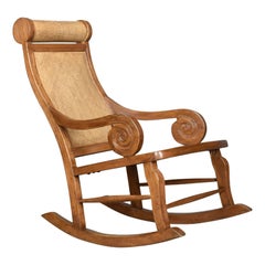 Vintage Rattan Rocking Chair, Hardwood Recliner, Midcentury, circa 1970s