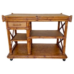 Antique Rattan Rolling Bar Cart Server With Expanding Top