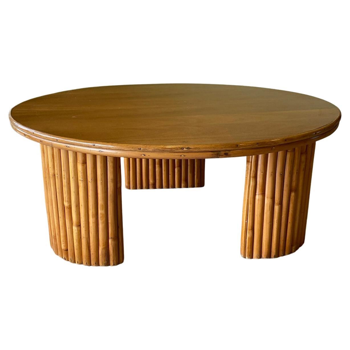 Vintage Rattan Round Coffee Table Paul Frankl Style Mid-Century, Circa 1950s