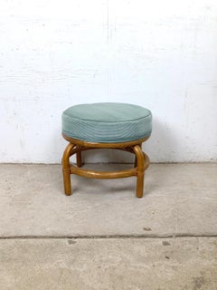 Vintage Rattan Round Ottoman, Seafoam Upholstery, Coastal Style