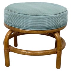 Vintage Rattan Round Ottoman, Seafoam Upholstery, Coastal Style