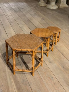Vintage Rattan Set of Three Hexagonal Stools and Side Tables, 1950s