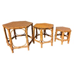 Vintage Rattan Set of Three Hexagonal Stools and Side Tables, 1950s