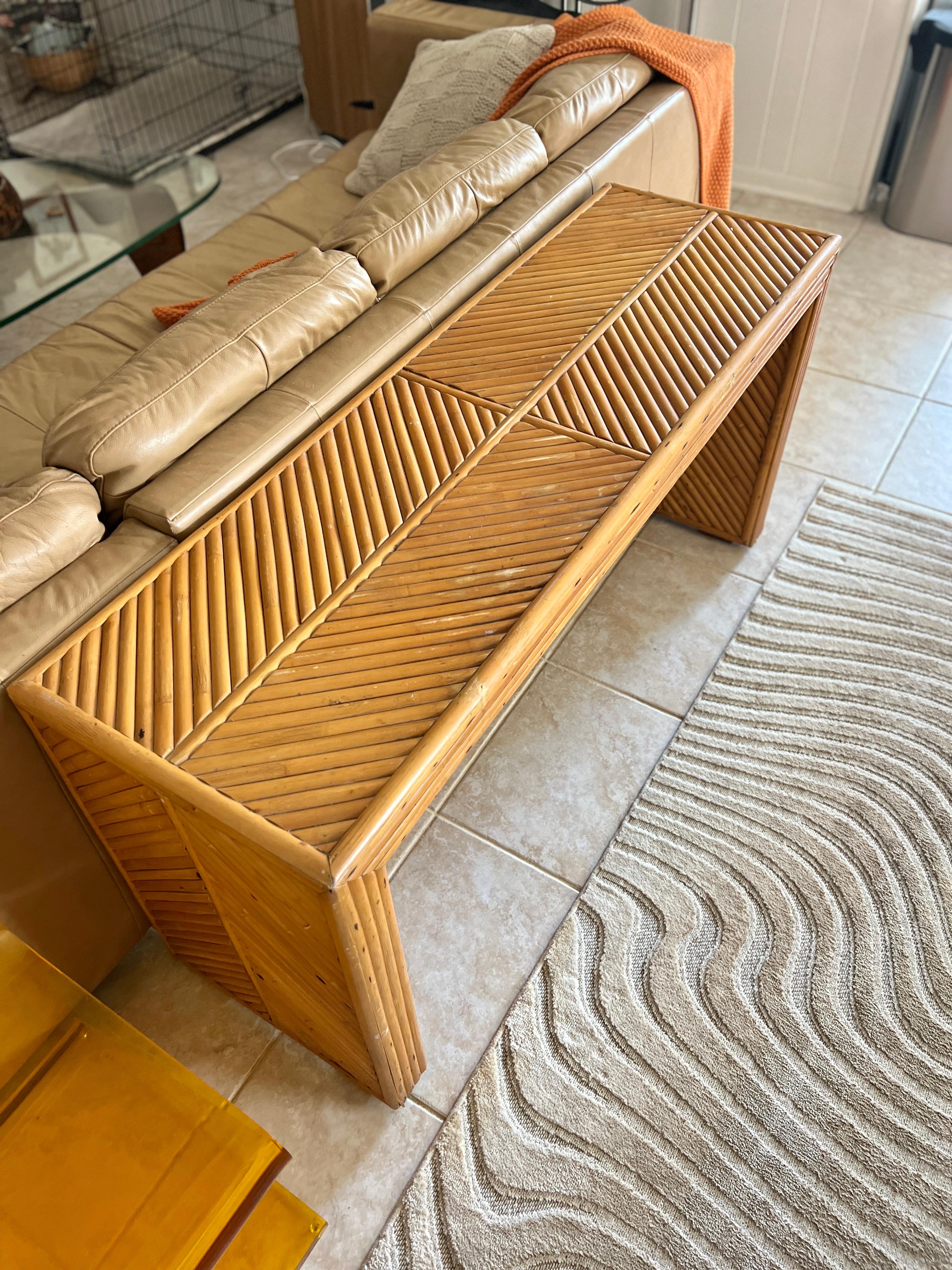 Late 20th Century Vintage rattan sharp edged chevron waterfall console table 1970s For Sale