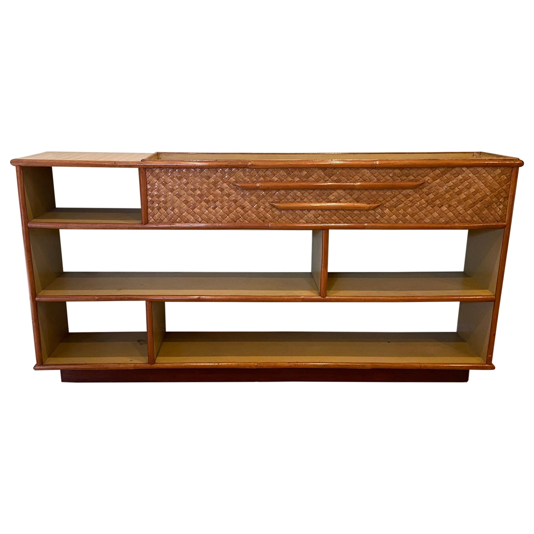Vintage Rattan Shelf Display Unit with Built in Planter Room Divider Circa 1950s