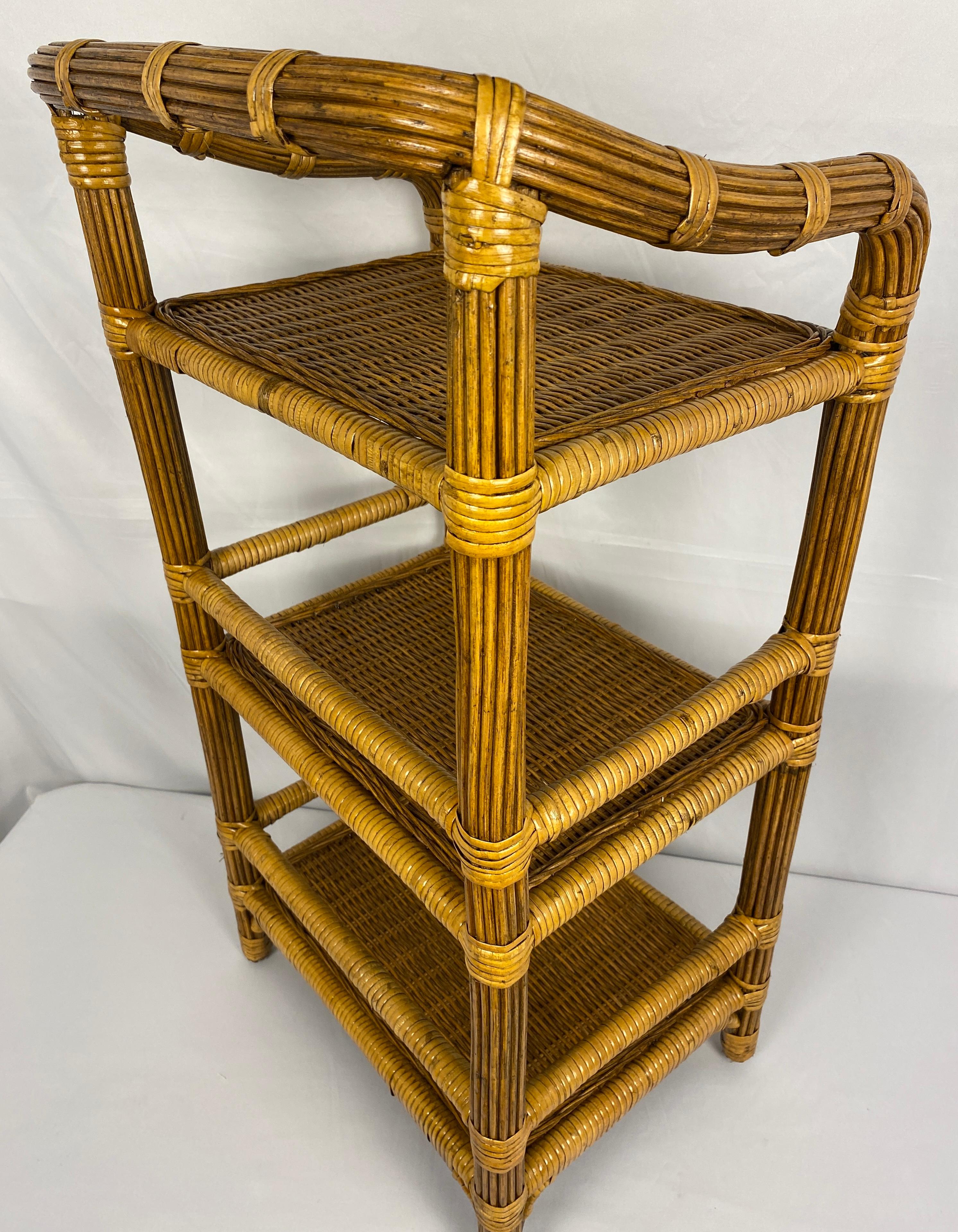 Mid-Century Modern Vintage Rattan Side Table with 3 Shelves For Sale