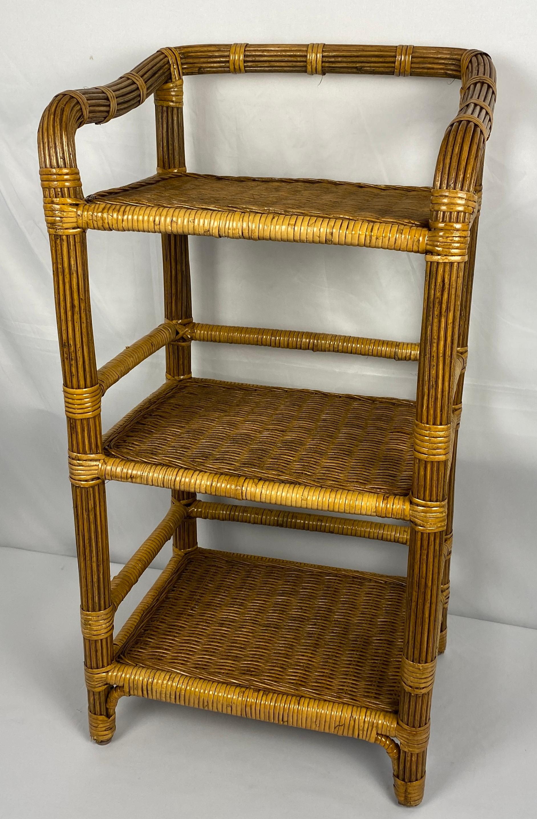 Vintage Rattan Side Table with 3 Shelves For Sale 2
