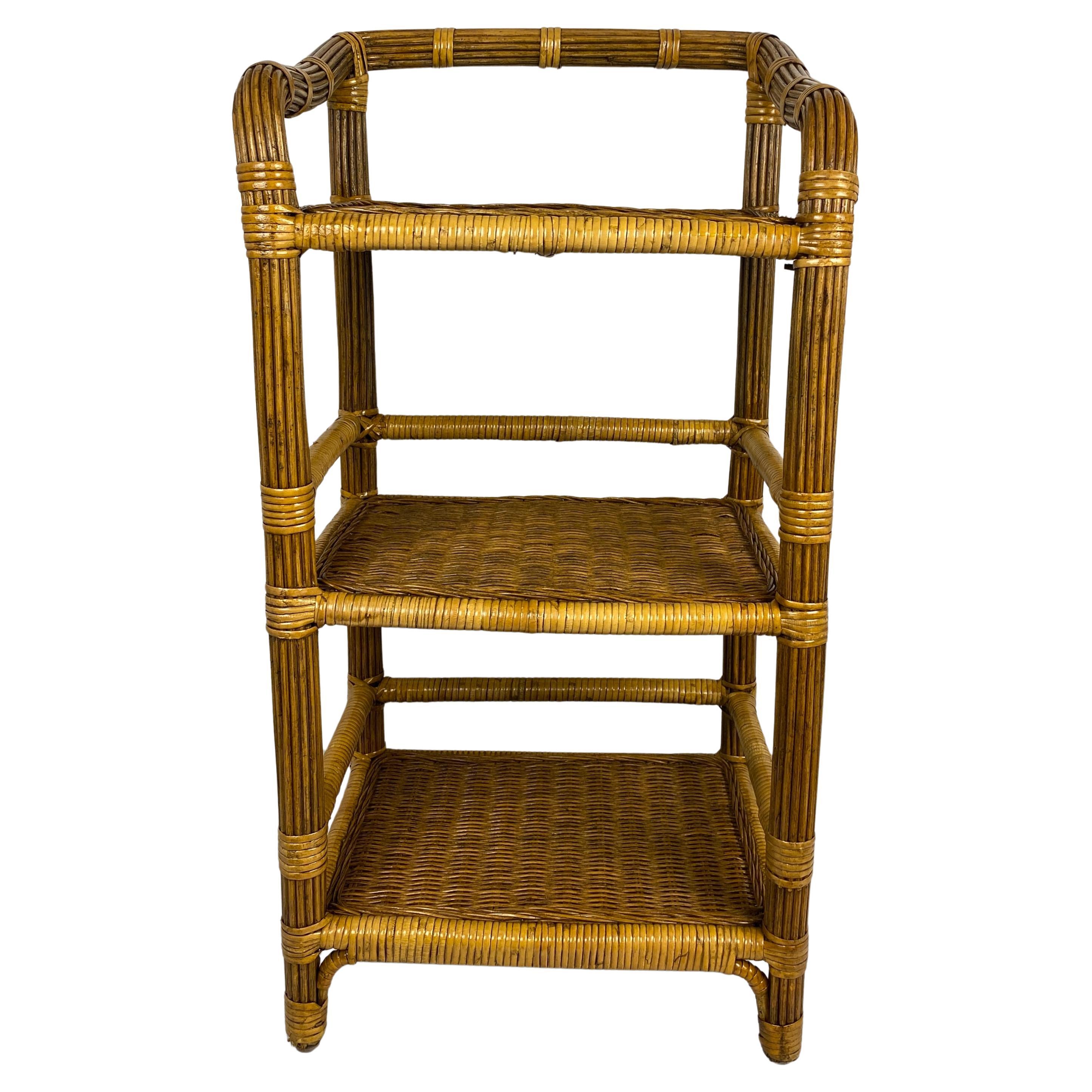 Vintage Rattan Side Table with 3 Shelves For Sale