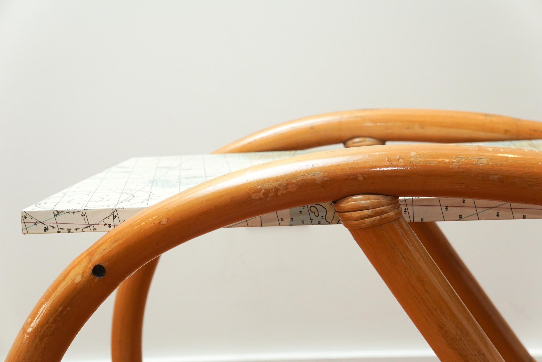 Mid-20th Century Vintage Rattan Side Table with Decoupage Map Top