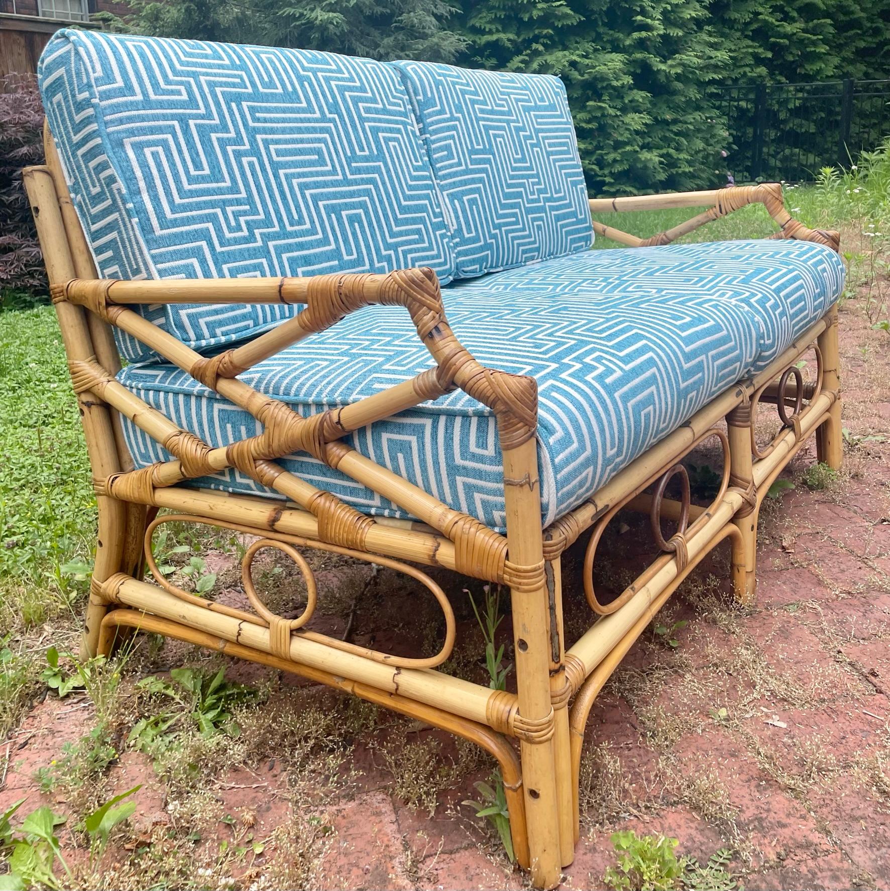 Vintage Rattan Sofa with New Luxury Upholstery For Sale 3